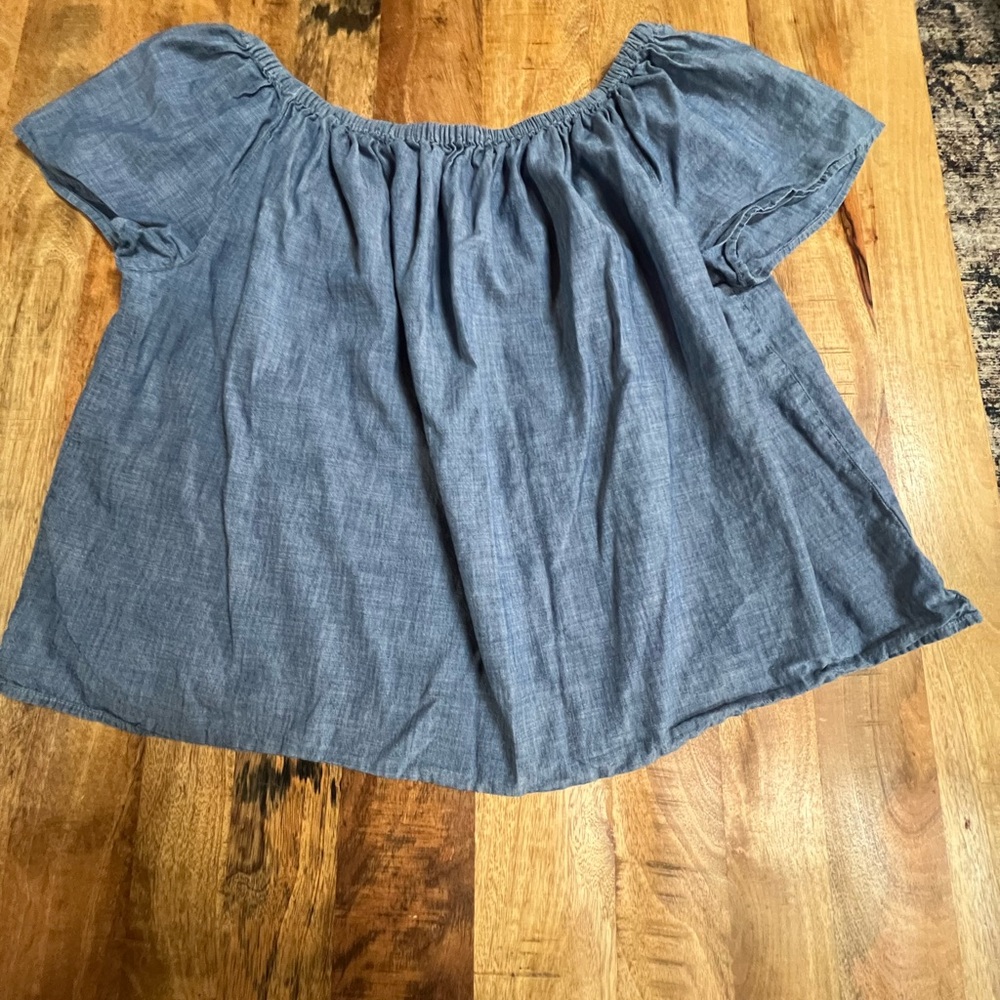 GAP Chambray Elastic-Neckline Top - Blue